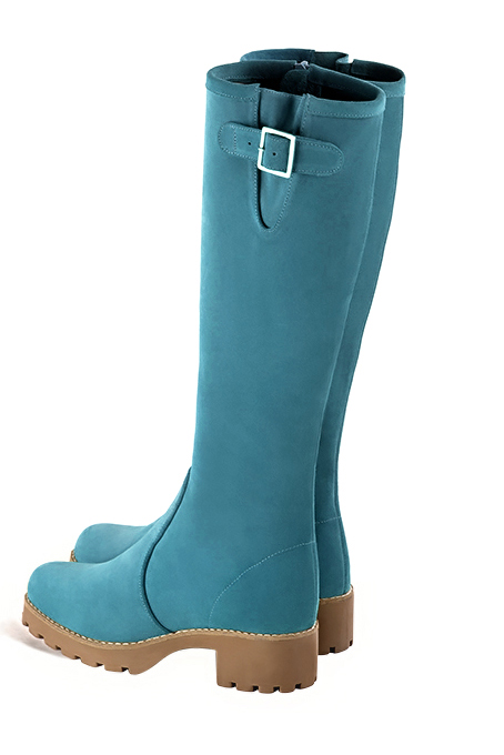Women's peacock blue custom-made buckle knee-high boots with  and  - Profile view